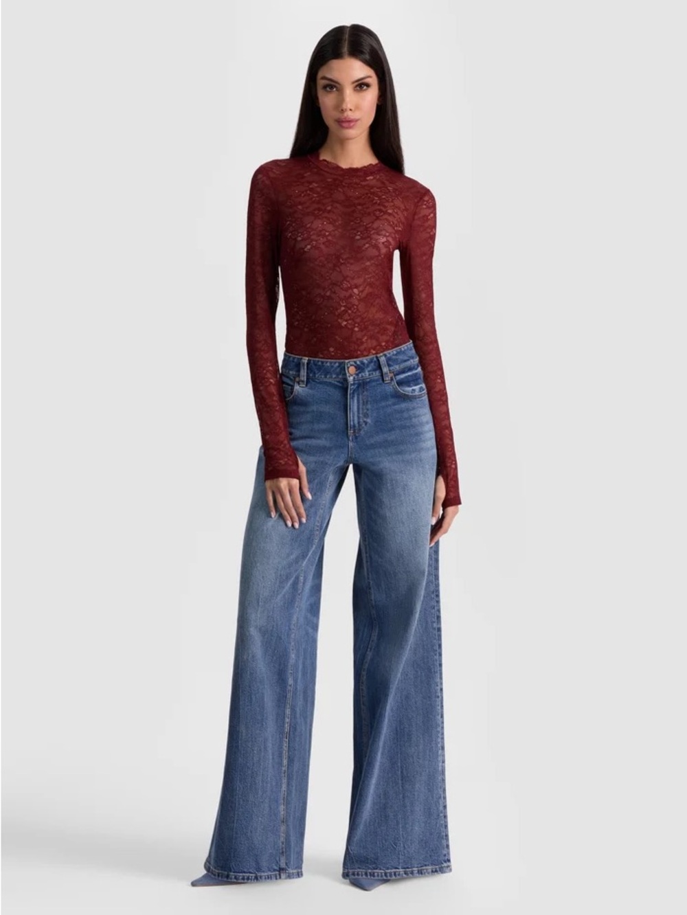 Alice + Olivia Taeyn Burgundy Lace Long-Sleeve Bodysuit